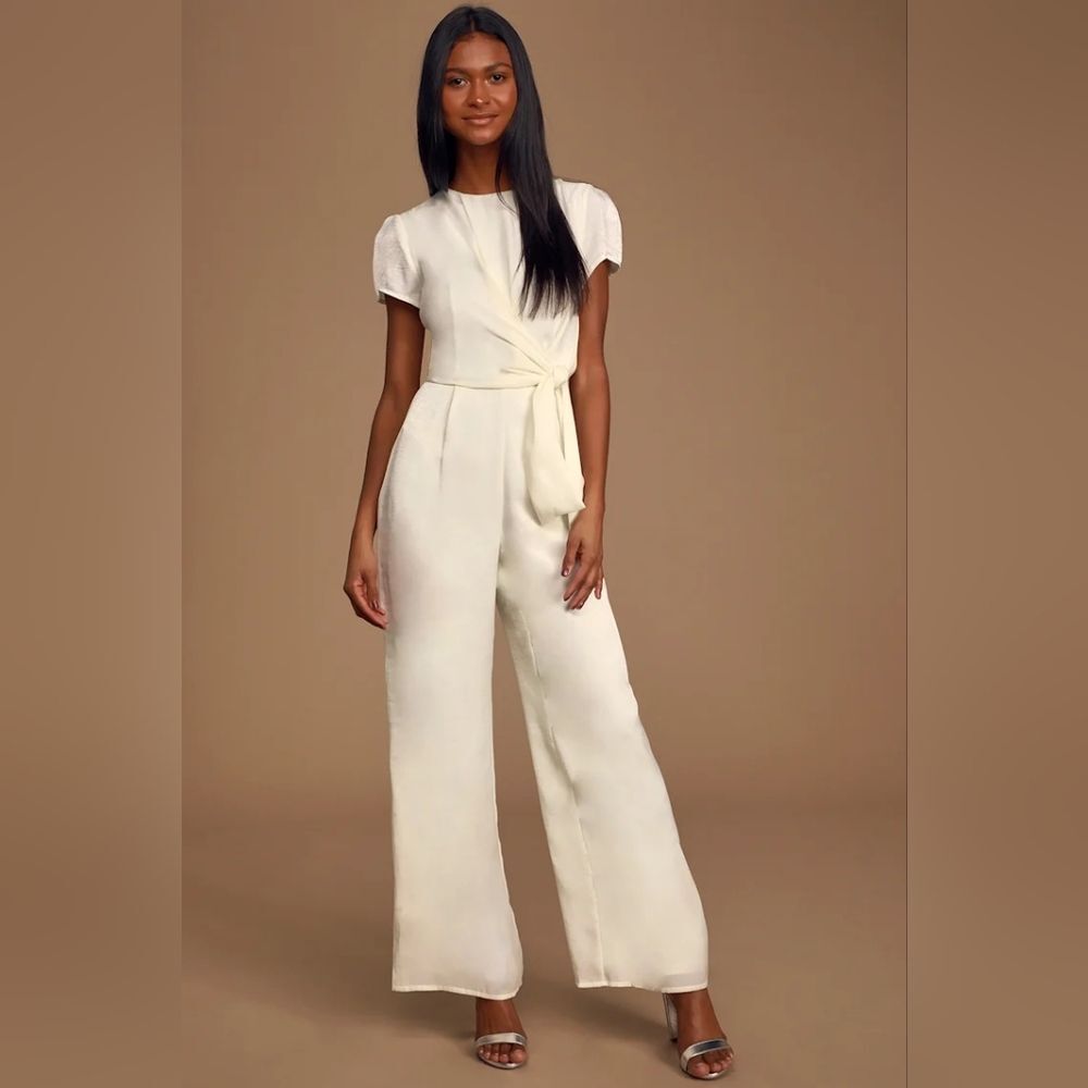 NWT Lulus Let Me Entertain You Ivory Satin Wide Leg Jumpsuit Size Medium